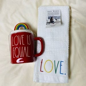 Rae Dunn Love is Equal mug and kitchen towels